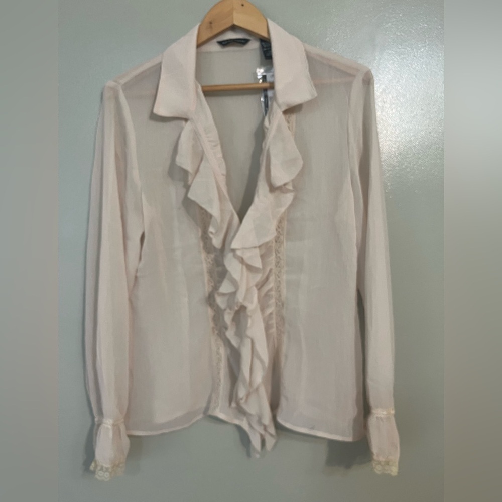 New York Company Womens Beige Y2K Sheer Long Sleeve Laced Button Up Blouse 14